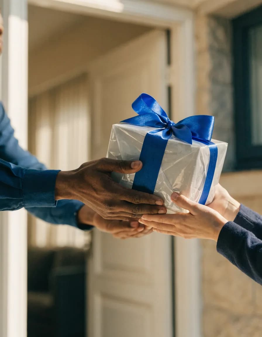 A courier handing a wrapped gift to a recipient at a bright doorway
