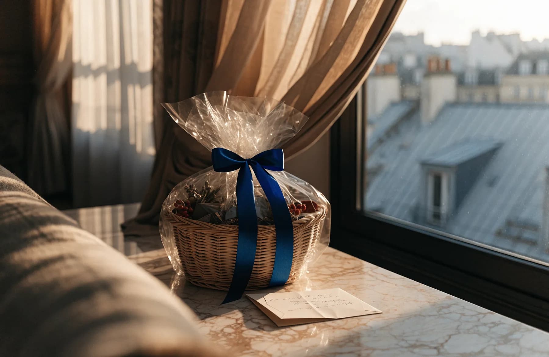 A wrapped gift basket with a blue ribbon on a marble console by a Paris window