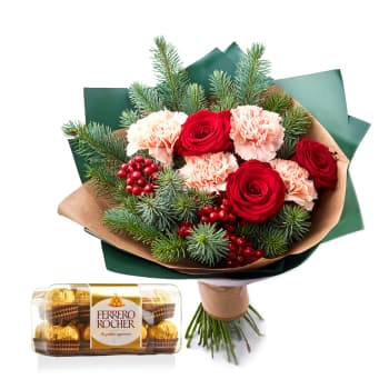 Evergreen Roses and Carnations Christmas Bouquet – view 2